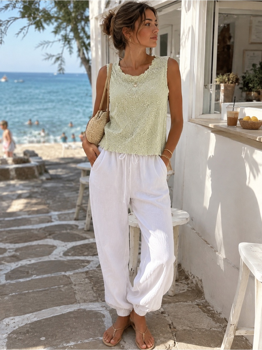 Tribal White Mint Green Embroidered Crop Top